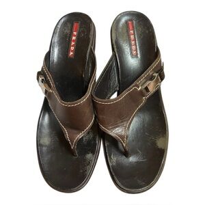 Prada Brown and Black Leather Thong Sandals